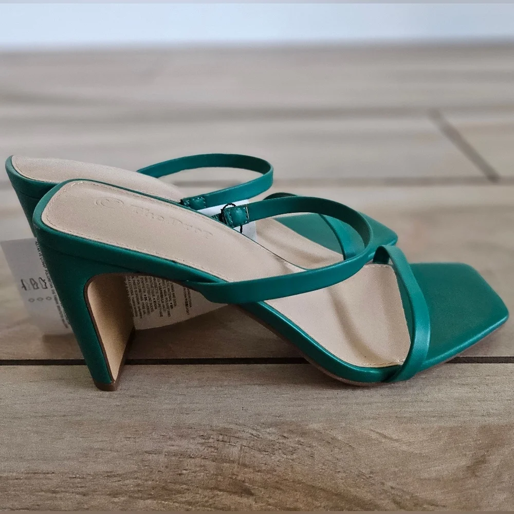 The Drop Teal Green Square Toe Strappy Heeled Sandals Womens 7.5 Minimalist Mule - Picture 4 of 9